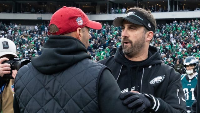 Jonathan Gannon (left) and Nick Sirianni meet following the Arizona Cardinals' 35-31 win in Week 17.